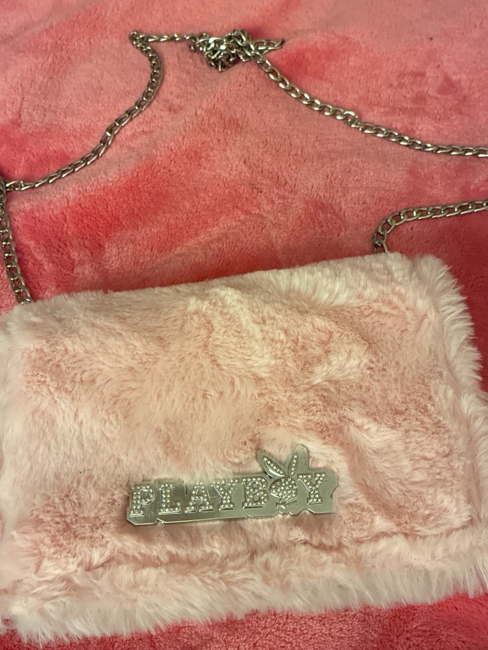 PLAYBOY Blush Pink Faux Fur Chain Shoulder Bag